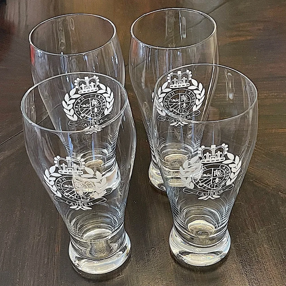 Lauren Ralph Lauren Set of 4 Classic Crest Pilsner Glasses Clear Crown Wreath